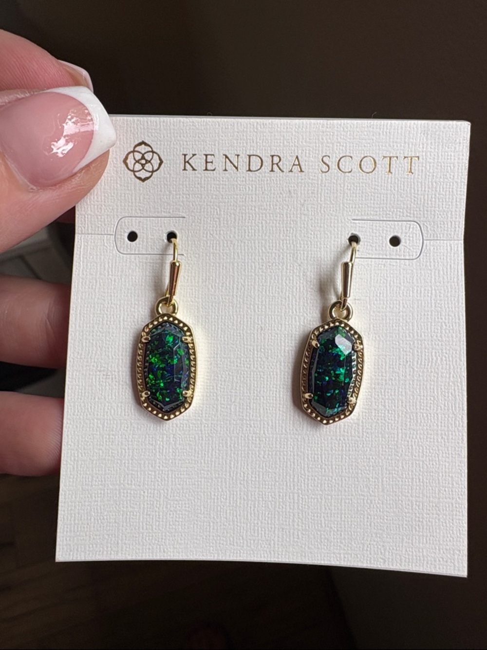 Kendra Scott Gold Earrings with Deep Green Stones